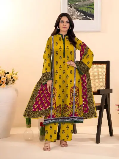 Yellow Printed Kurta Pajama Set for Women