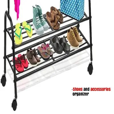Black Iron Wardrobe Organizer with Wheels & Shoe Rack 3