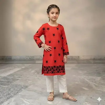 2 Pcs Girl's Arabic Lawn Embroidered Kurta And Pajama