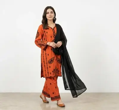 Orange Printed Kurta Set with Black Scarf 2