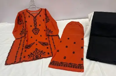 Orange Printed Kurta Set with Black Scarf 3