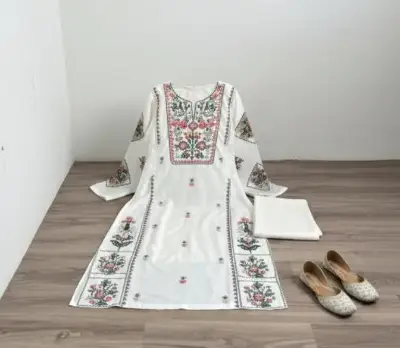 White Embroidered Cotton Shirt Trouser Set for Women 3