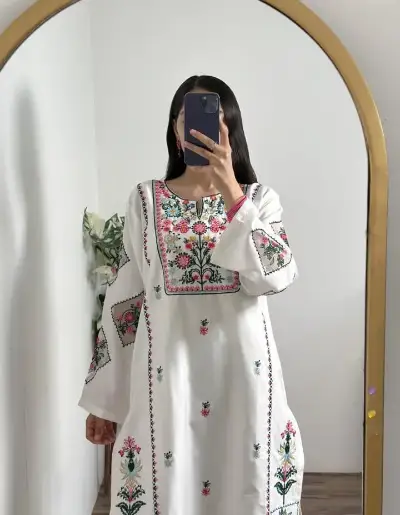 White Embroidered Cotton Shirt Trouser Set for Women