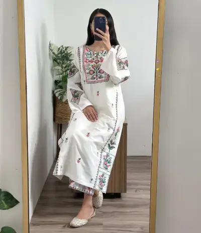White Embroidered Cotton Shirt Trouser Set for Women 2
