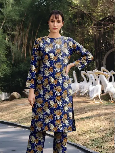 Blue Printed Dobby Lawn 3Pcs Shirt Trouser Set 2