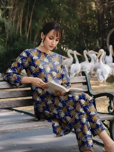 Blue Printed Dobby Lawn 3Pcs Shirt Trouser Set