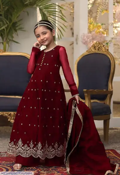 Neck Embroidered Pearls Work Kids Maxi With Lace Duppatta 3Pcs 3