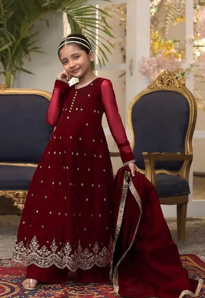 Neck Embroidered Pearls Work Kids Maxi With Lace Duppatta 3Pcs