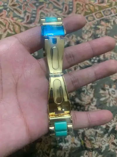 Gold Roman Dial Chronograph Watch with Turquoise Bracelet 2