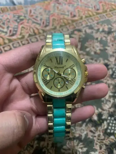 Gold Roman Dial Chronograph Watch with Turquoise Bracelet 3