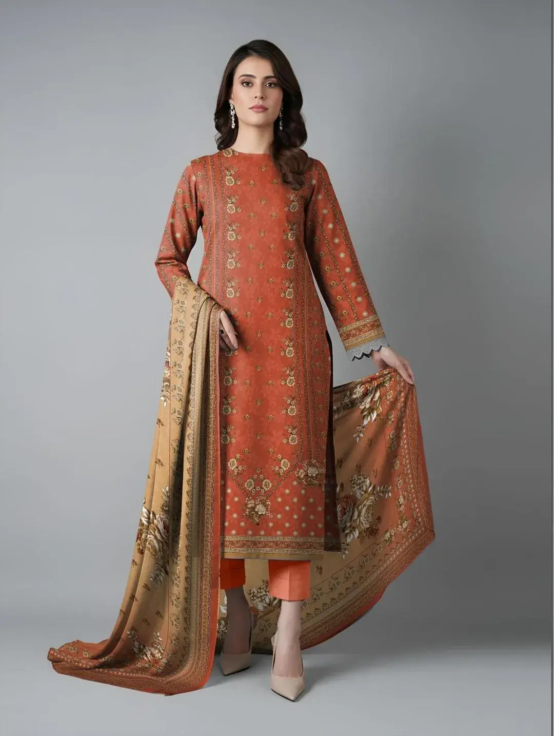 Orange Printed Dobby Lawn 3Pcs Suit Set
