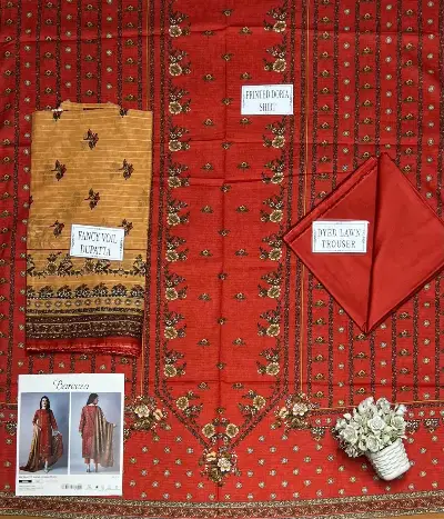 Orange Printed Dobby Lawn 3Pcs Suit Set 4