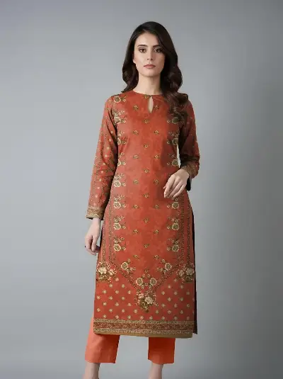 Orange Printed Dobby Lawn 3Pcs Suit Set 3