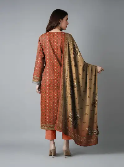 Orange Printed Dobby Lawn 3Pcs Suit Set 2