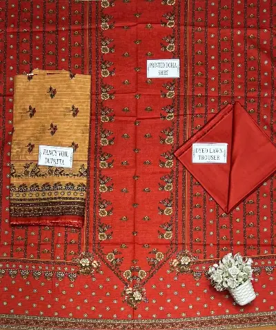 Orange Printed Dobby Lawn 3Pcs Suit Set 5