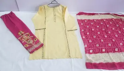 Pakistani Women's Yellow Kurta Set with Embroidered Pajama and Scarf 3