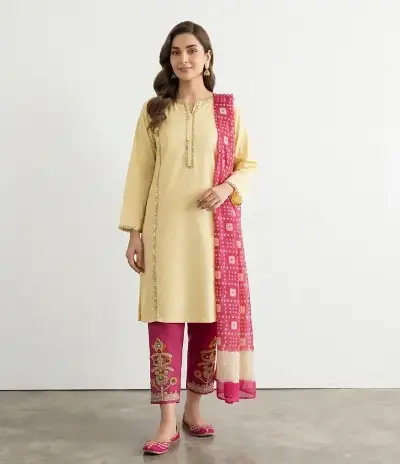Pakistani Women's Yellow Kurta Set with Embroidered Pajama and Scarf 2