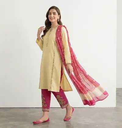 Pakistani Women's Yellow Kurta Set with Embroidered Pajama and Scarf