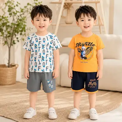 Boy's Printed Cotton Shorts & T-Shirt Set Multicolor