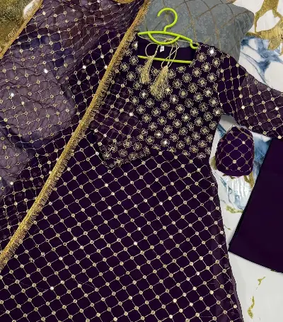 Purple Chiffon Lace Maxi Set for Girls 4Pcs With Dupatta 3