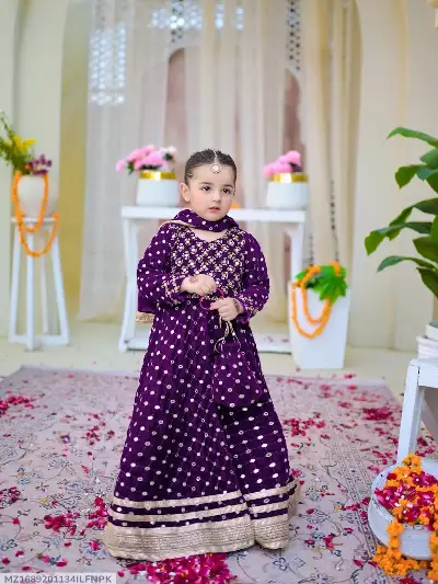 Purple Chiffon Lace Maxi Set for Girls 4Pcs With Dupatta