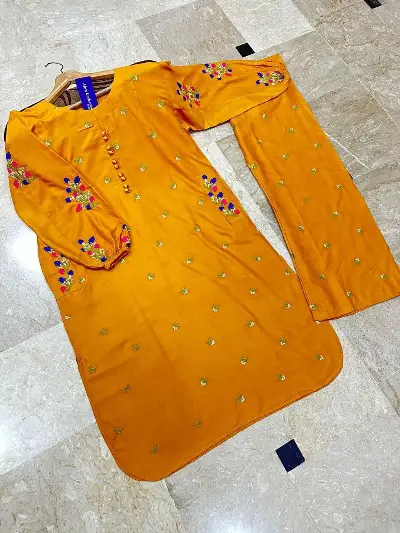 Yellow Embroidered 2-Piece Cotton Set for Women 3