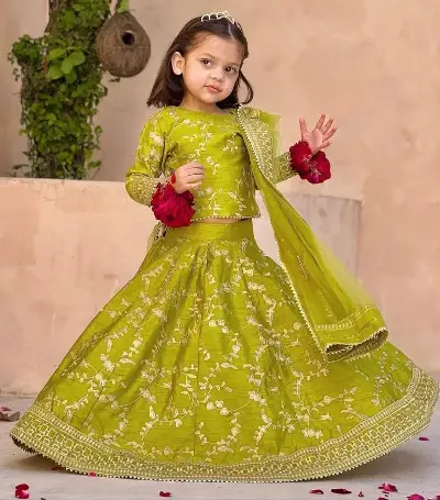 Yellow Embroidered Raw Silk Lehenga Set for Girls 1-12