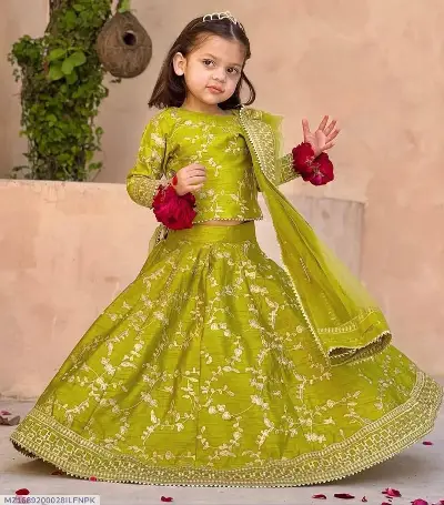 Yellow Embroidered Raw Silk Lehenga Set for Girls 1-12 3