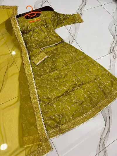Yellow Embroidered Raw Silk Lehenga Set for Girls 1-12 2