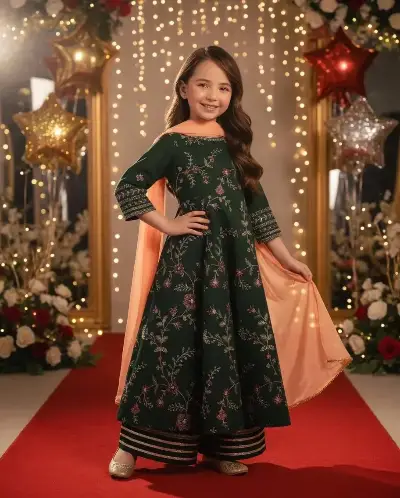 Green Embroidered Lawn 3Pcs Set for Girls 3-10Yrs 3