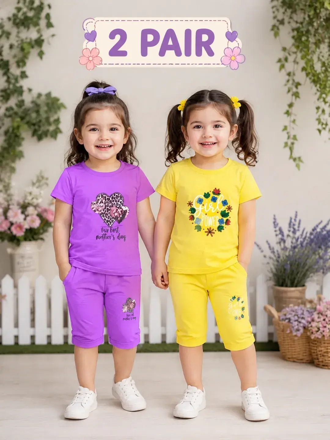 Girls 2-Pair Printed Cotton Suit Purple Yellow