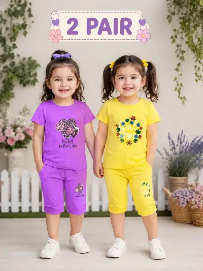 Girls 2-Pair Printed Cotton Suit Purple Yellow