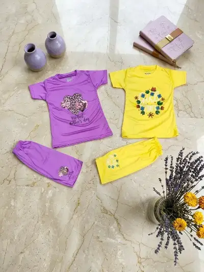 Girls 2-Pair Printed Cotton Suit Purple Yellow 2