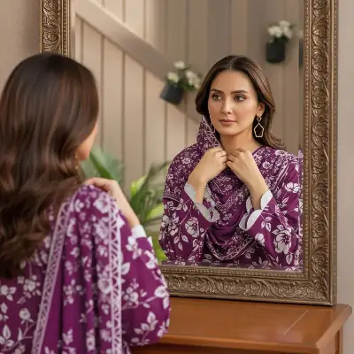 Purple Floral Printed Kurta Set with White Pants and Scarf 3