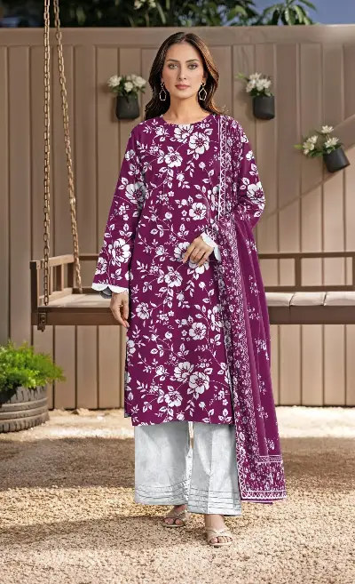 Purple Floral Printed Kurta Set with White Pants and Scarf