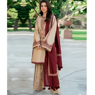 Eid Shaadi Suit Brown Lawn Embroidered 3-Piece Set 3