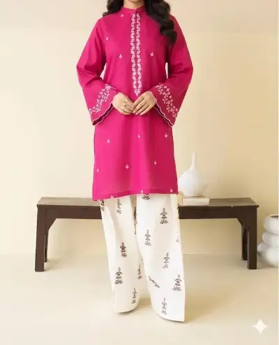 Pink Embroidered Lawn Shirt & Cotton Trouser Set 3