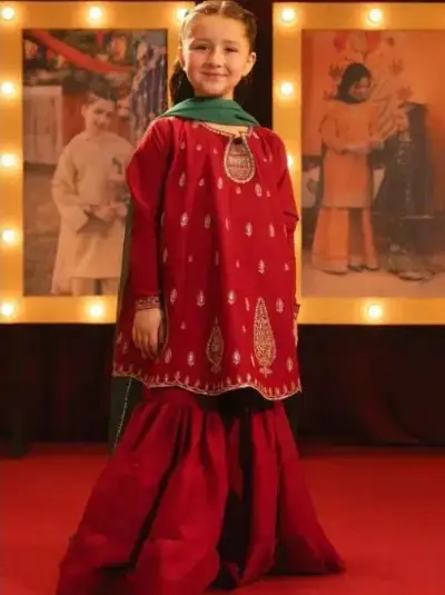 Red Embroidered Girl's 3-Piece Lawn Suit Set 2