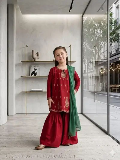 Red Embroidered Girl's 3-Piece Lawn Suit Set