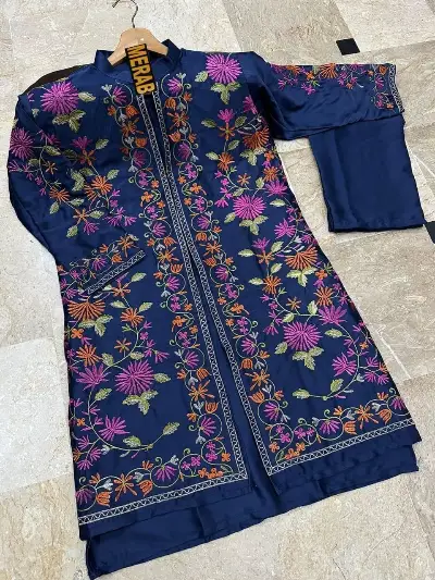 Heavy Embroidered Blue Floral 2-Piece Shamoz Silk Set 2