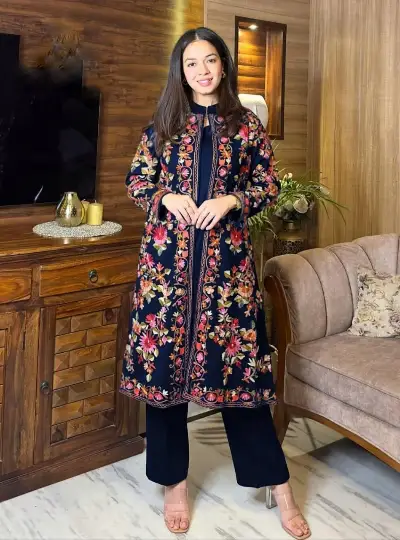 Heavy Embroidered Blue Floral 2-Piece Shamoz Silk Set