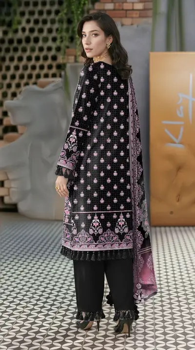 Black Printed Lawn 3Pcs Women Suit Set 2