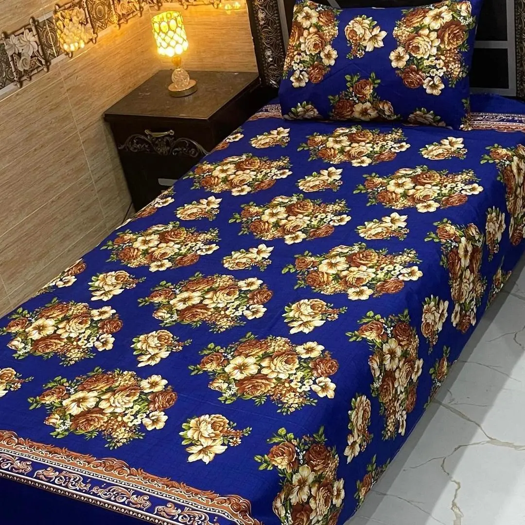 Crystal Cotton Printed Bedsheet Set Blue Single Bed 4Pcs