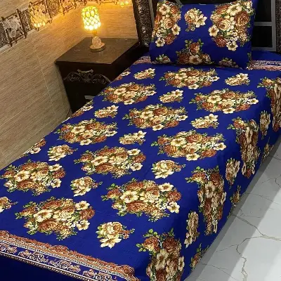 Crystal Cotton Printed Bedsheet Set Blue Single Bed 4Pcs