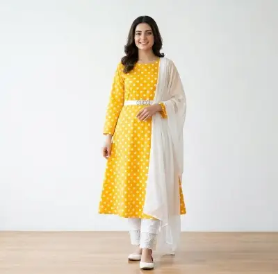 Women Yellow Polka Dot Kurta Set with White Dupatta 2