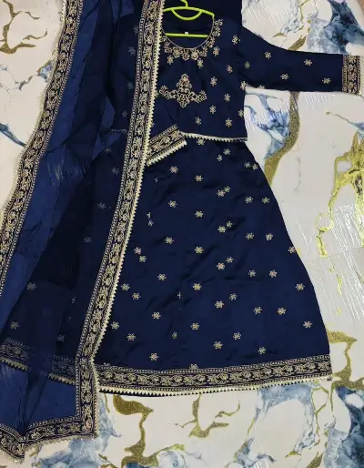 Navy Blue Gold Embroidered 3-Piece Silk Set for Girls 5-12 2