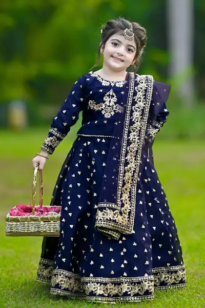 Navy Blue Gold Embroidered 3-Piece Silk Set for Girls 5-12